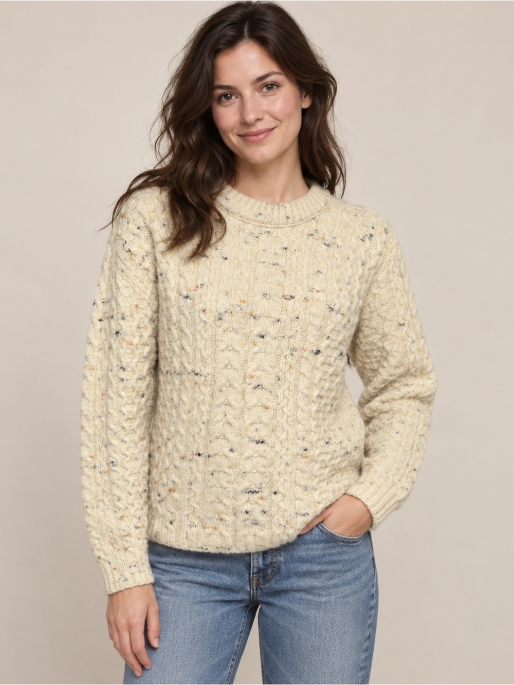 Vintage Pendleton Virgin Wool Cable Knit Fisherman Sweater Cream Flecked Fall